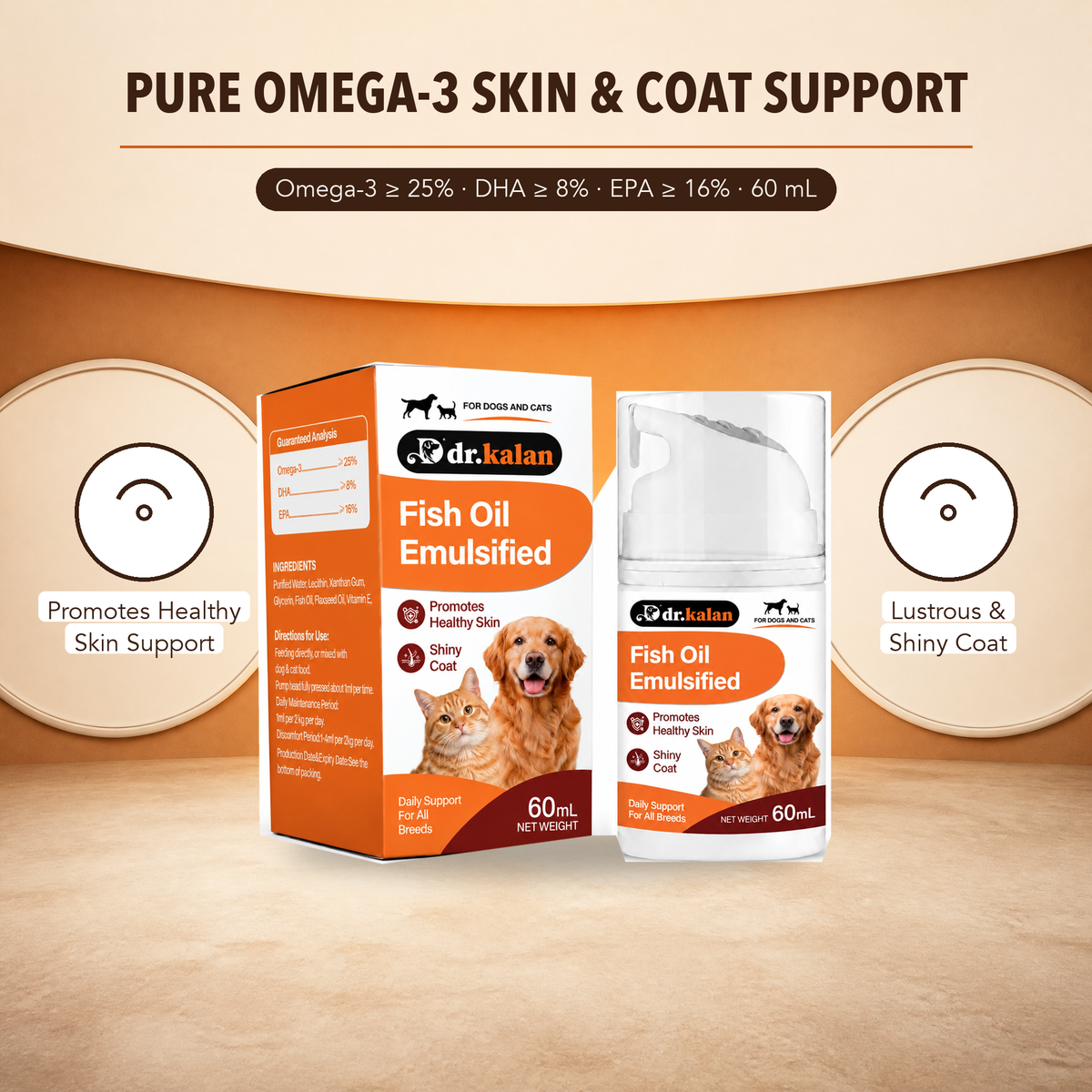 Dr. Kalan Fish Oil Emulsified Liquid for Dogs & Cats, 60 mL Metered Pump Bottle
