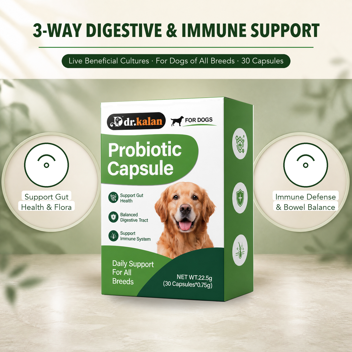 Dr. Kalan Probiotic Capsules for Dogs, 30 Hard Shell Capsules (22.5 g)