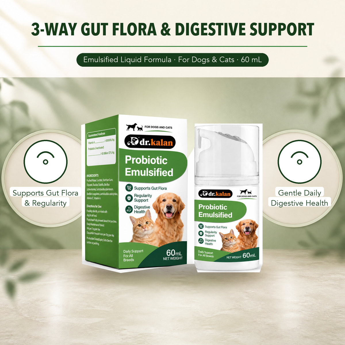 Dr. Kalan Probiotic Emulsified Liquid for Dogs & Cats, 60 mL Metered Pump Bottle