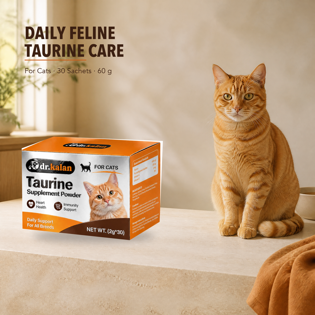 Dr. Kalan Taurine Supplement Powder for Cats, 30 Sachets × 2 g