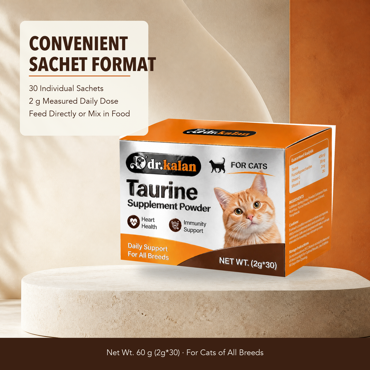 Dr. Kalan Taurine Supplement Powder for Cats, 30 Sachets × 2 g