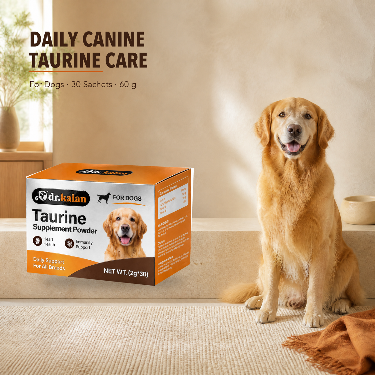 Dr. Kalan Taurine Supplement Powder for Dogs, 30 Sachets × 2 g