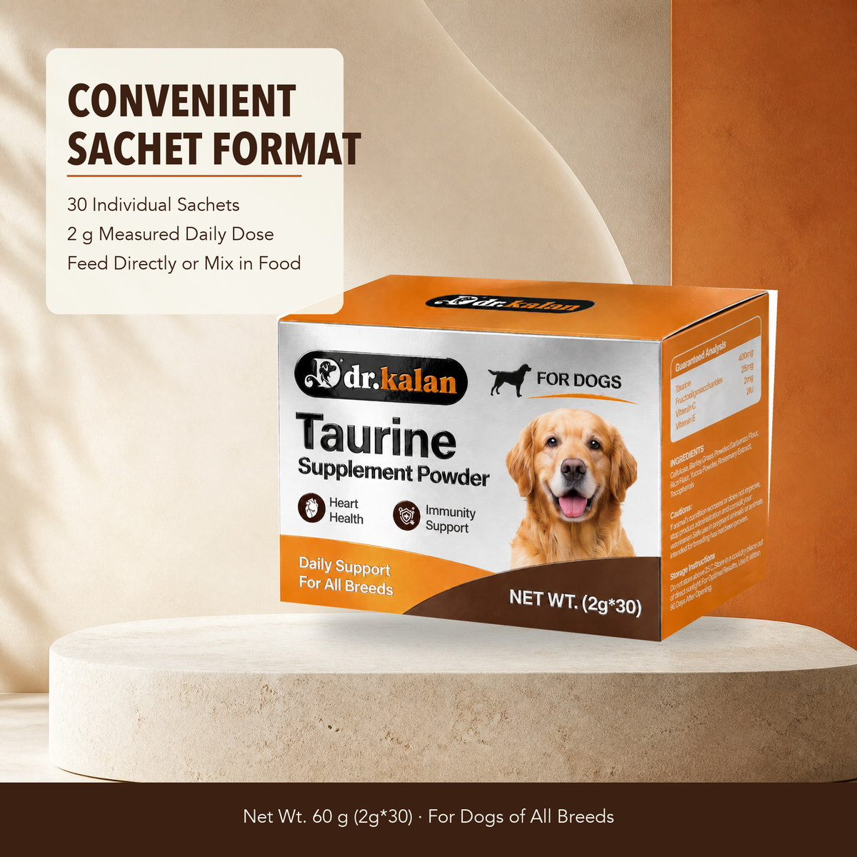 Dr. Kalan Taurine Supplement Powder for Dogs, 30 Sachets × 2 g